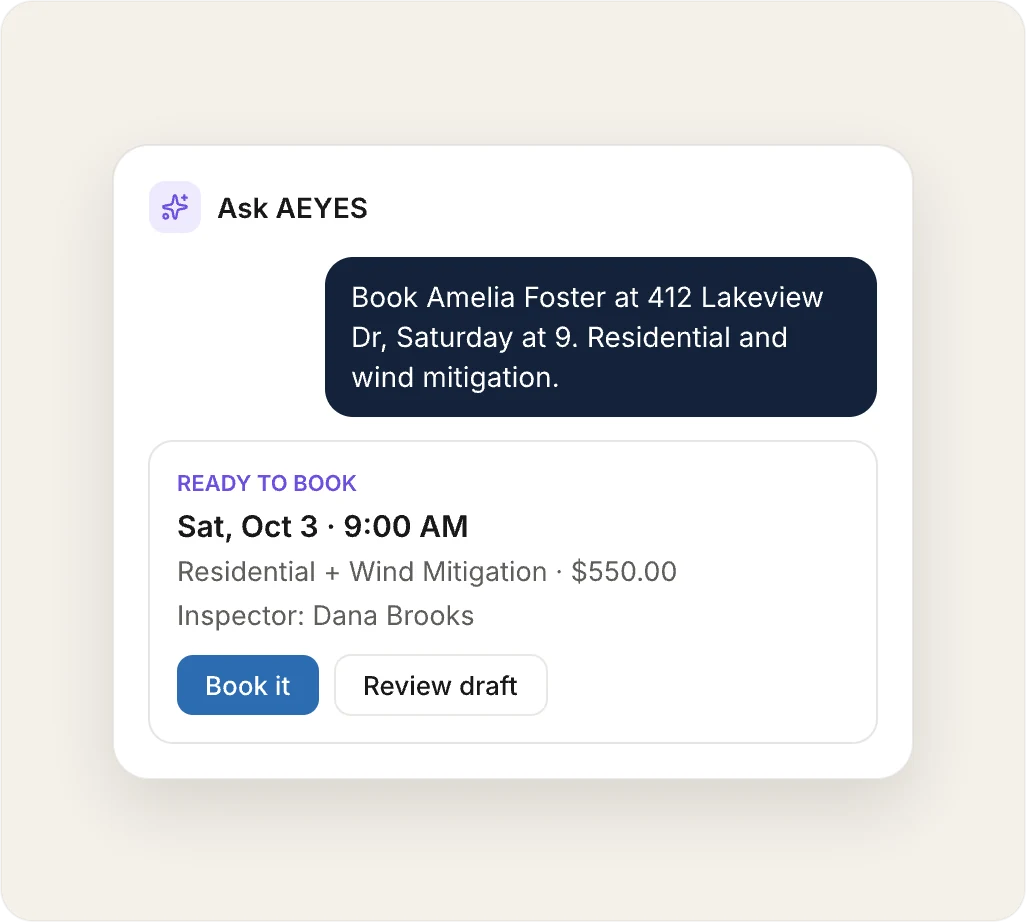 Ask AEYES drafting a booking for 412 Lakeview Dr, ready to book