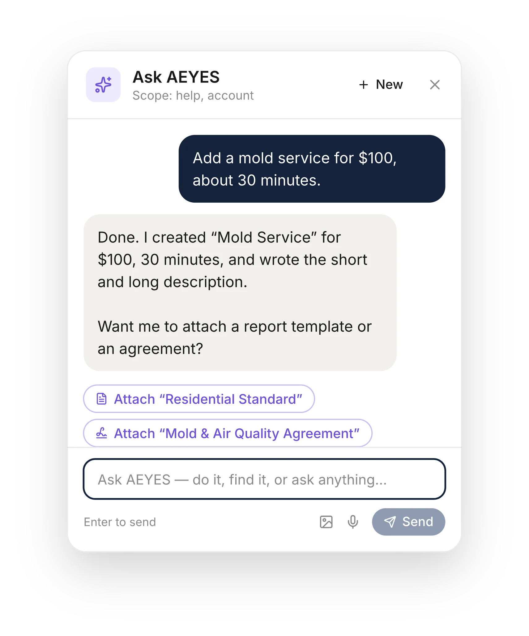 Ask AEYES creating a new service from one sentence