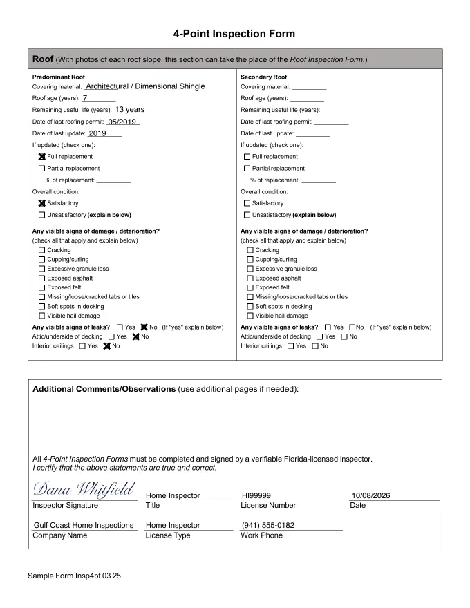 The roof section and inspector signature page of a 4-Point form