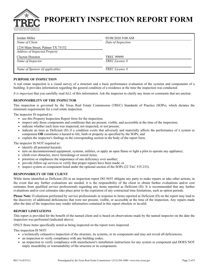 Page 2 of a TREC REI 7-6 report: the official Property Inspection Report Form
