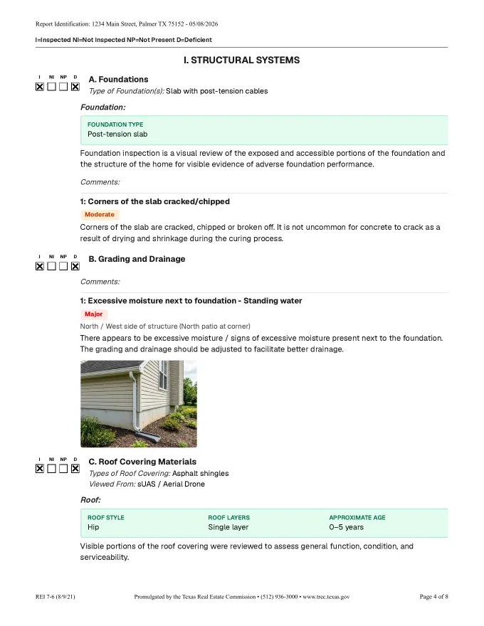 Page 4 of a TREC REI 7-6 report: structural systems with details and comments
