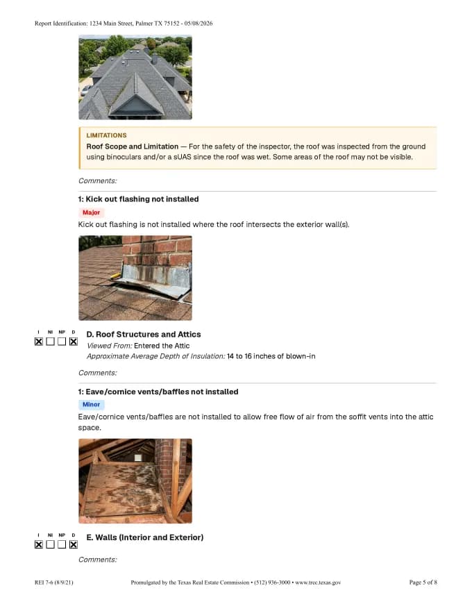 Page 5 of a TREC REI 7-6 report: roof limitation and numbered findings with photos