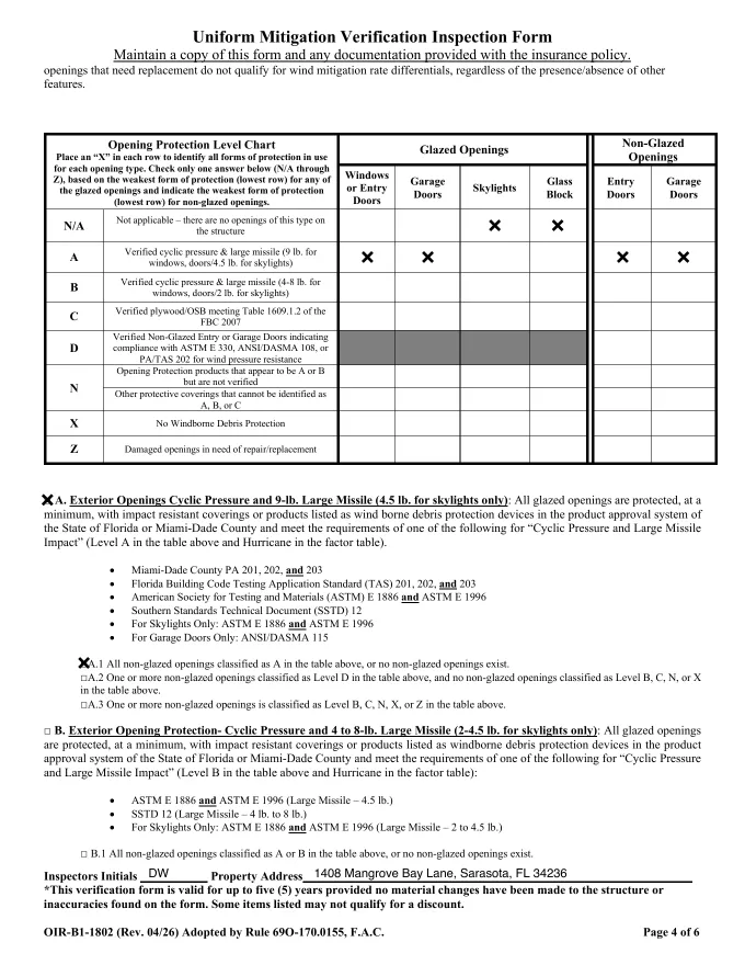 The opening protection page of an OIR-B1-1802 Wind Mitigation form