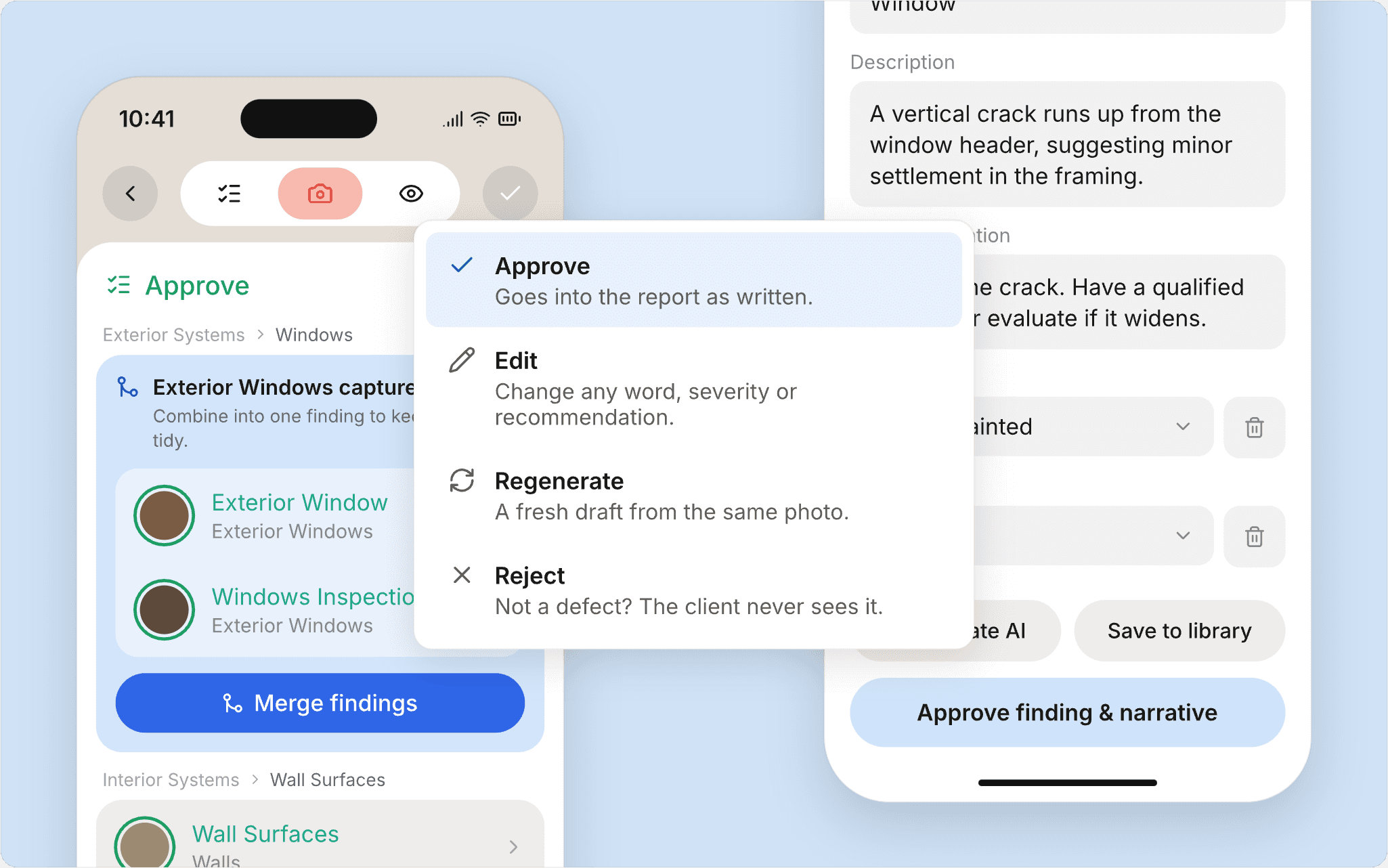 The approve queue, a drafted finding and the approve, edit, regenerate and reject options