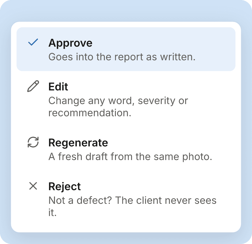 The approve queue, a drafted finding and the approve, edit, regenerate and reject options
