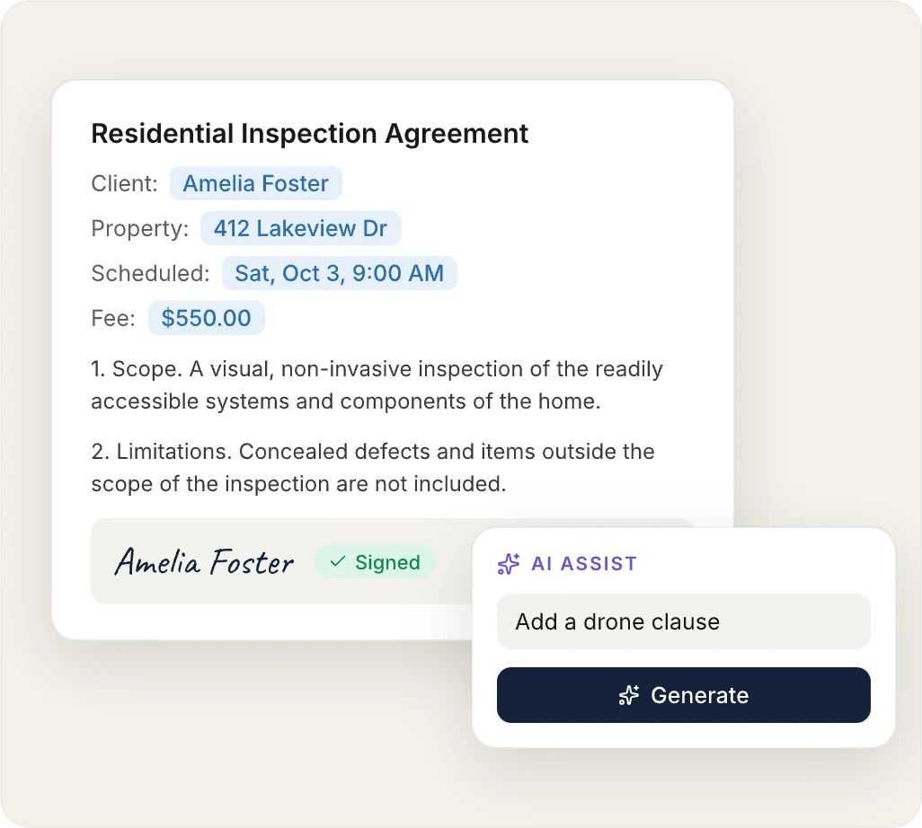 An inspection agreement with the client details filled in
