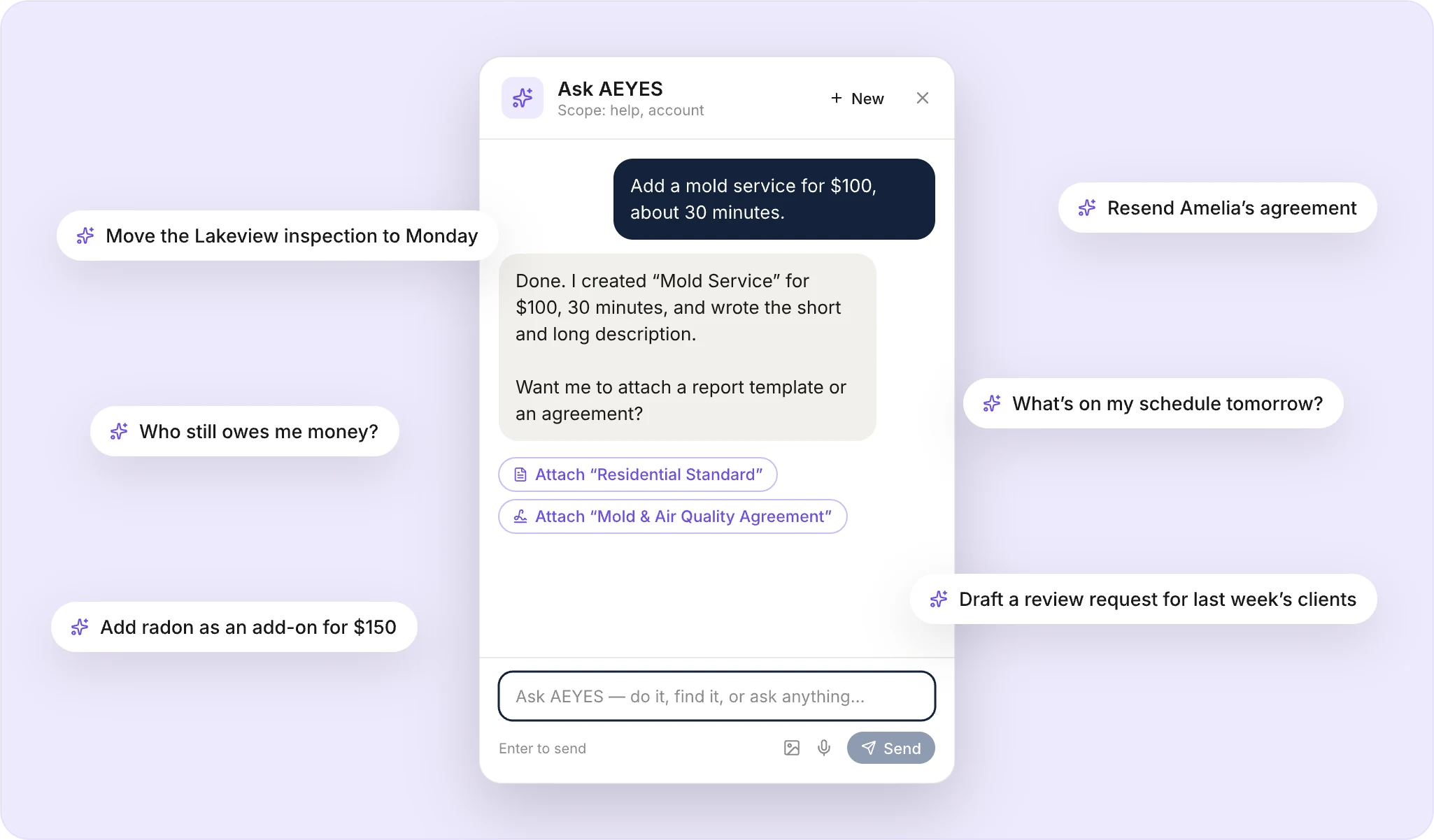 Ask AEYES creating a new service from one sentence