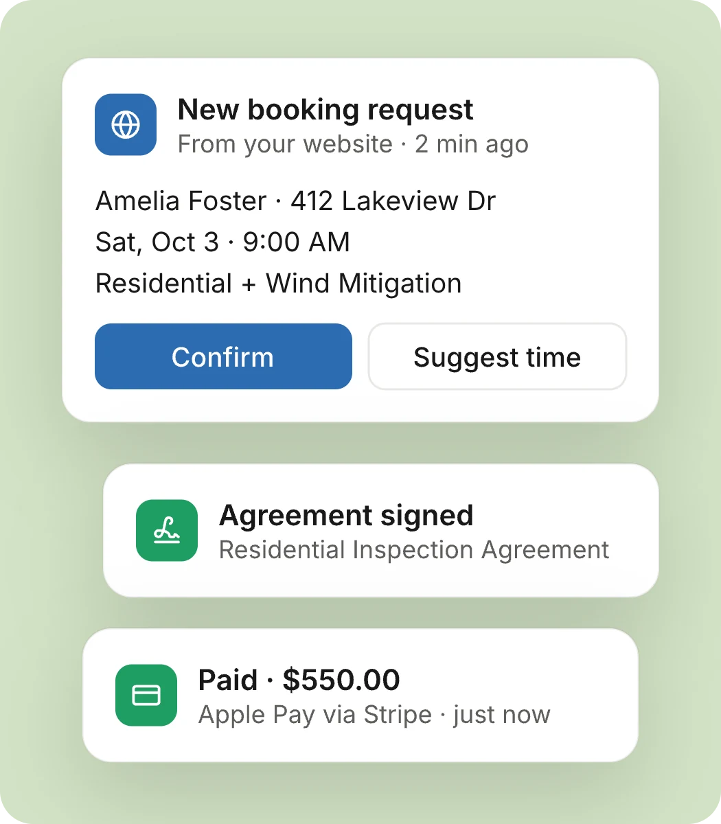 A booking request, a signed agreement and a payment for one inspection