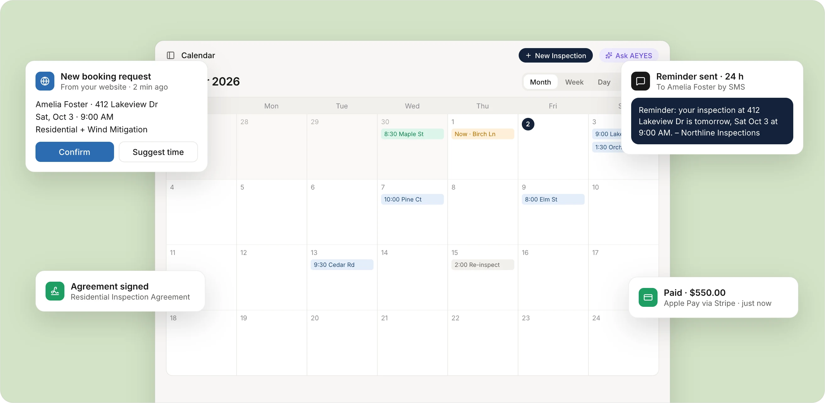 The AEYES office: calendar, booking, agreement and payment for one inspection