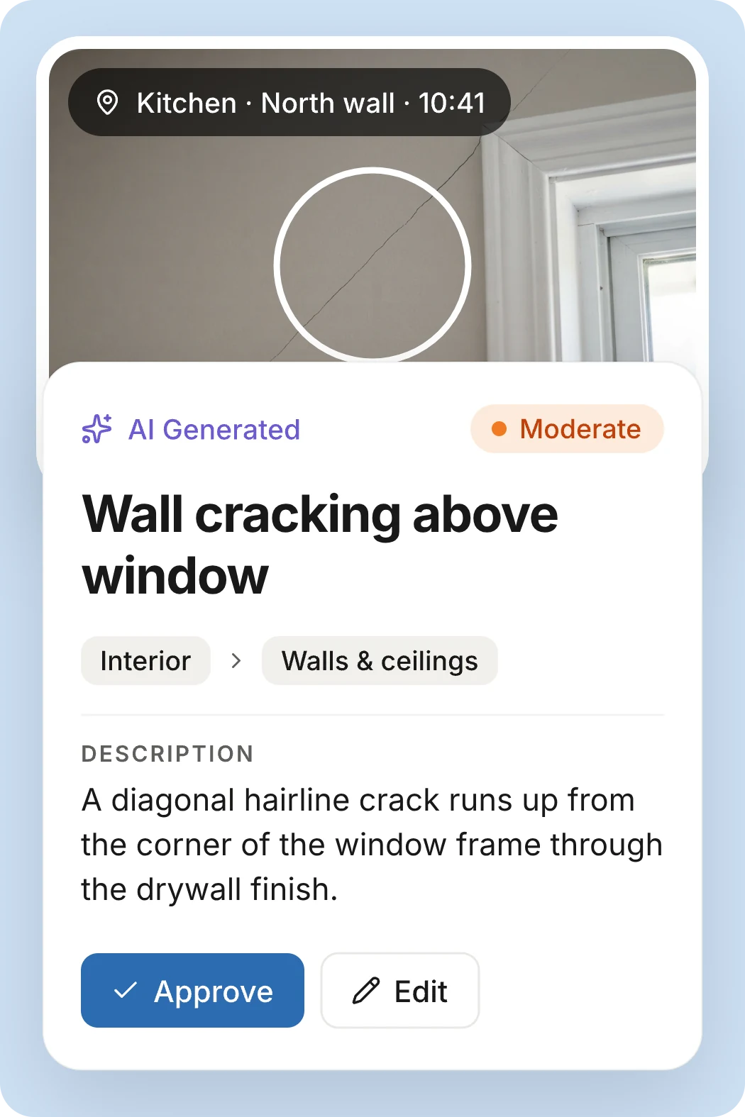 A wall crack photo and the finding AEYES drafted from it