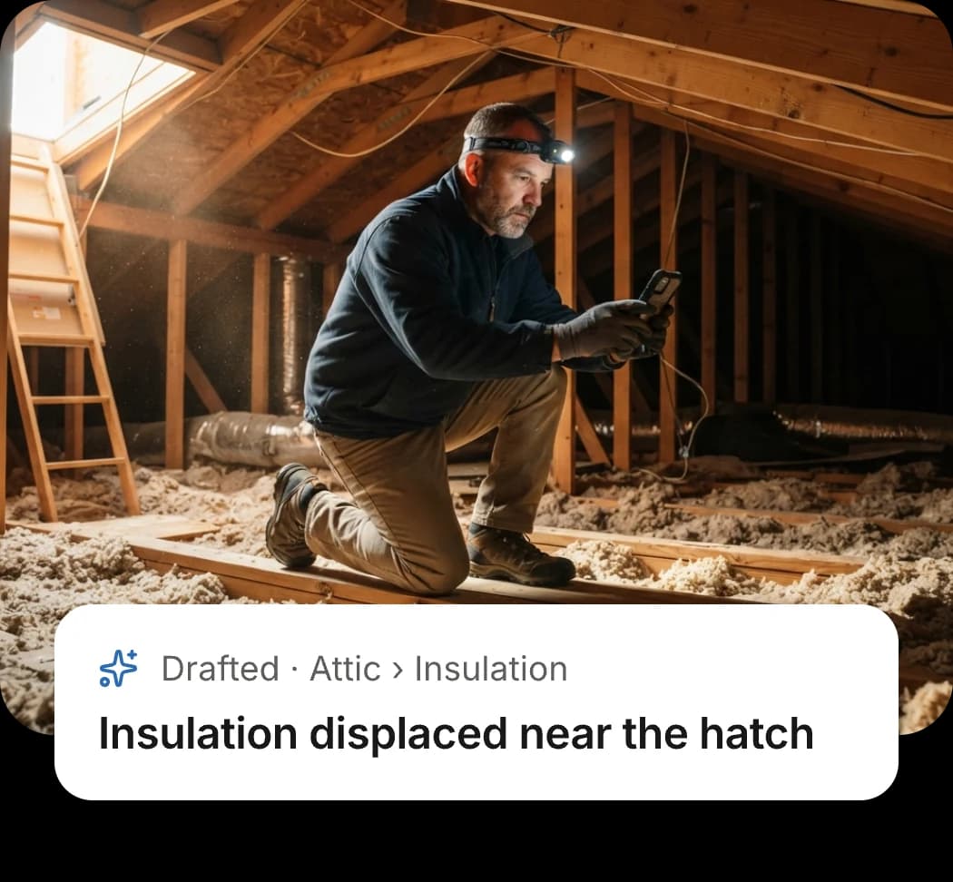 An inspector in an attic photographing the roof framing with the AEYES app
