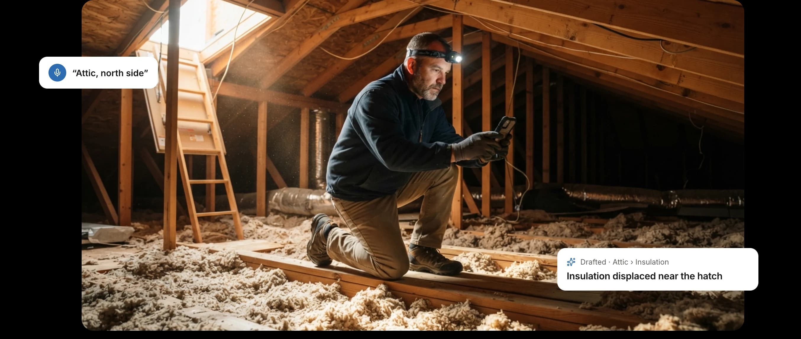 An inspector in an attic photographing the roof framing with the AEYES app