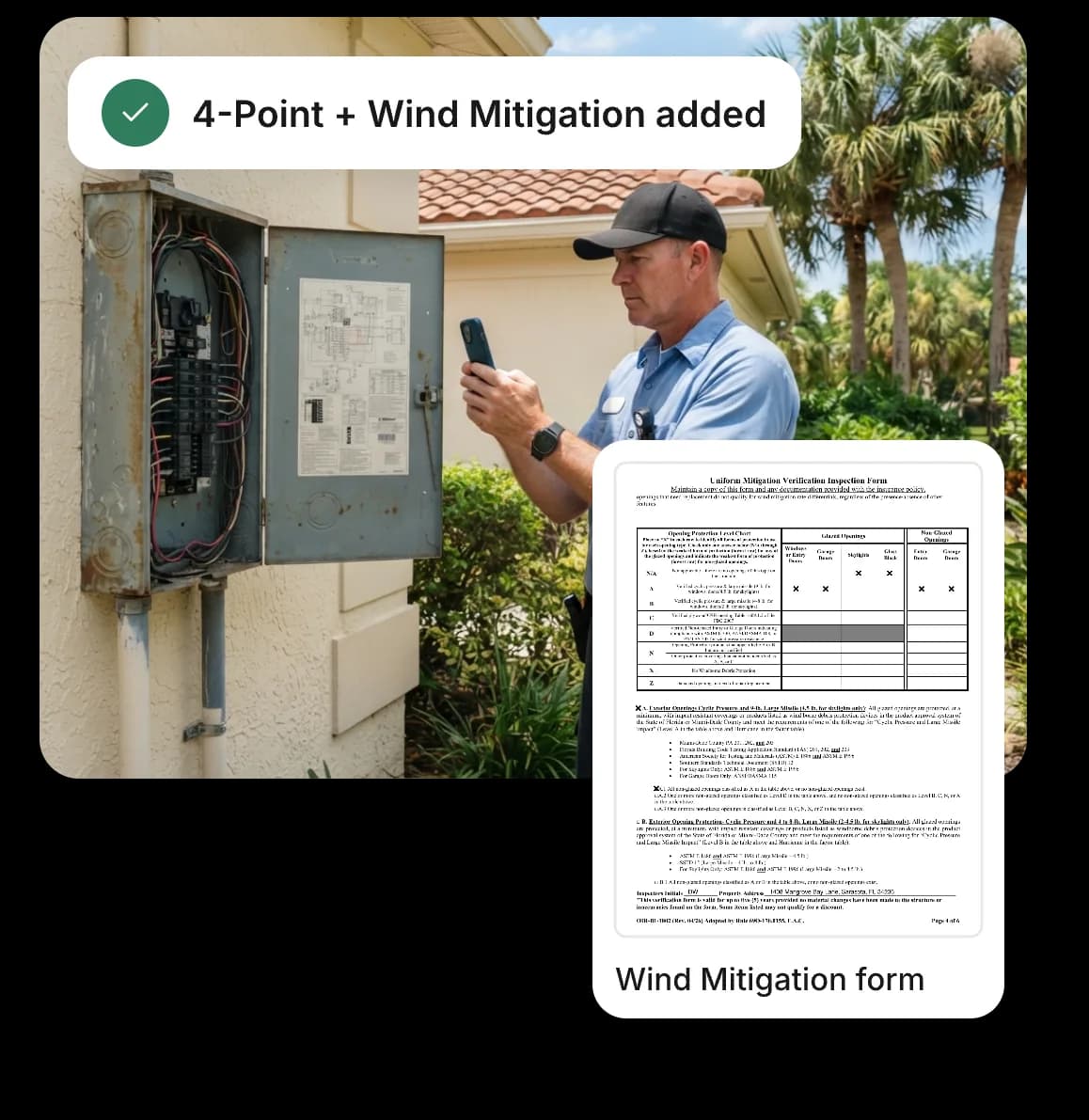 A home inspector at an electrical panel of a Florida stucco house, next to a Wind Mitigation form page