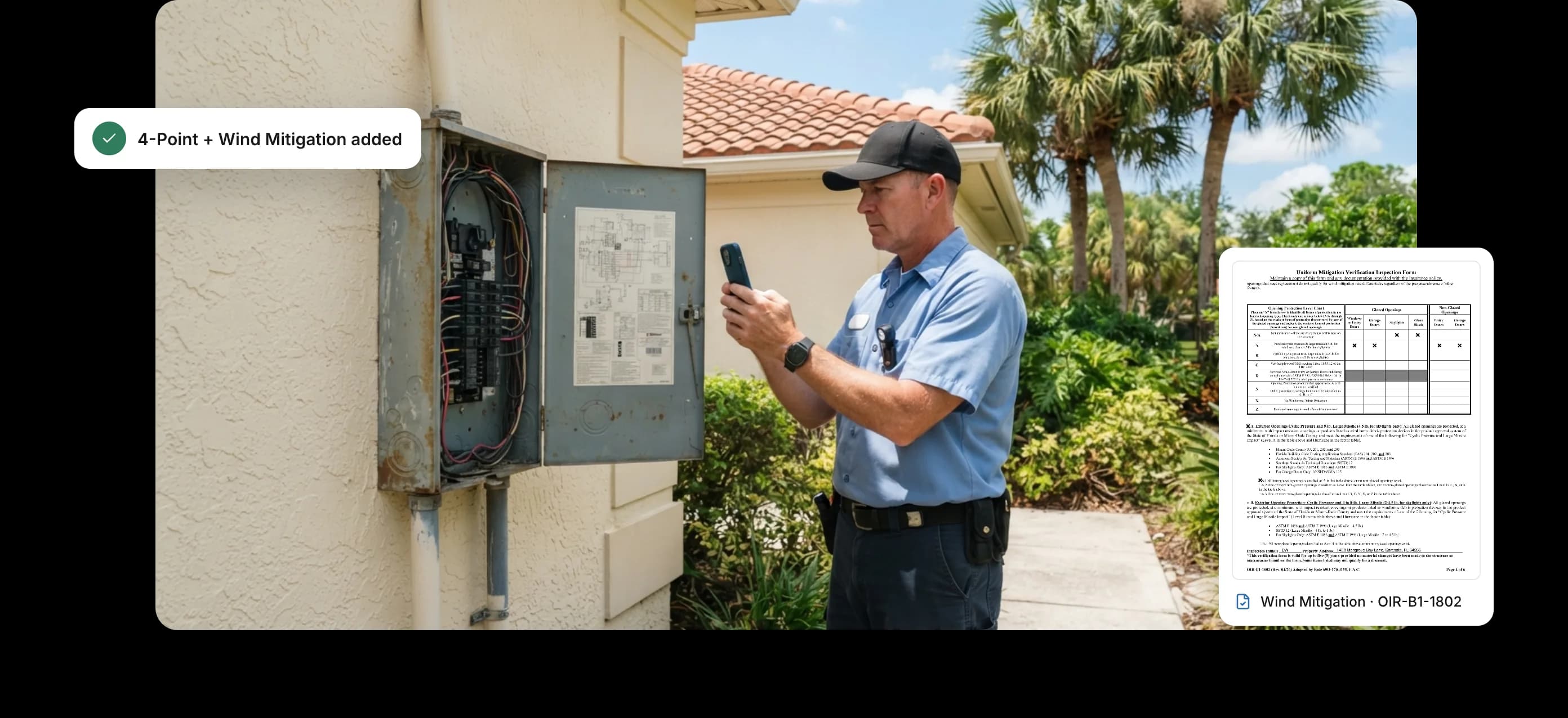 A home inspector at an electrical panel of a Florida stucco house, next to a Wind Mitigation form page
