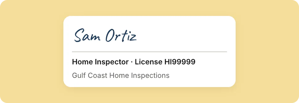 An inspector’s signature with license and company details