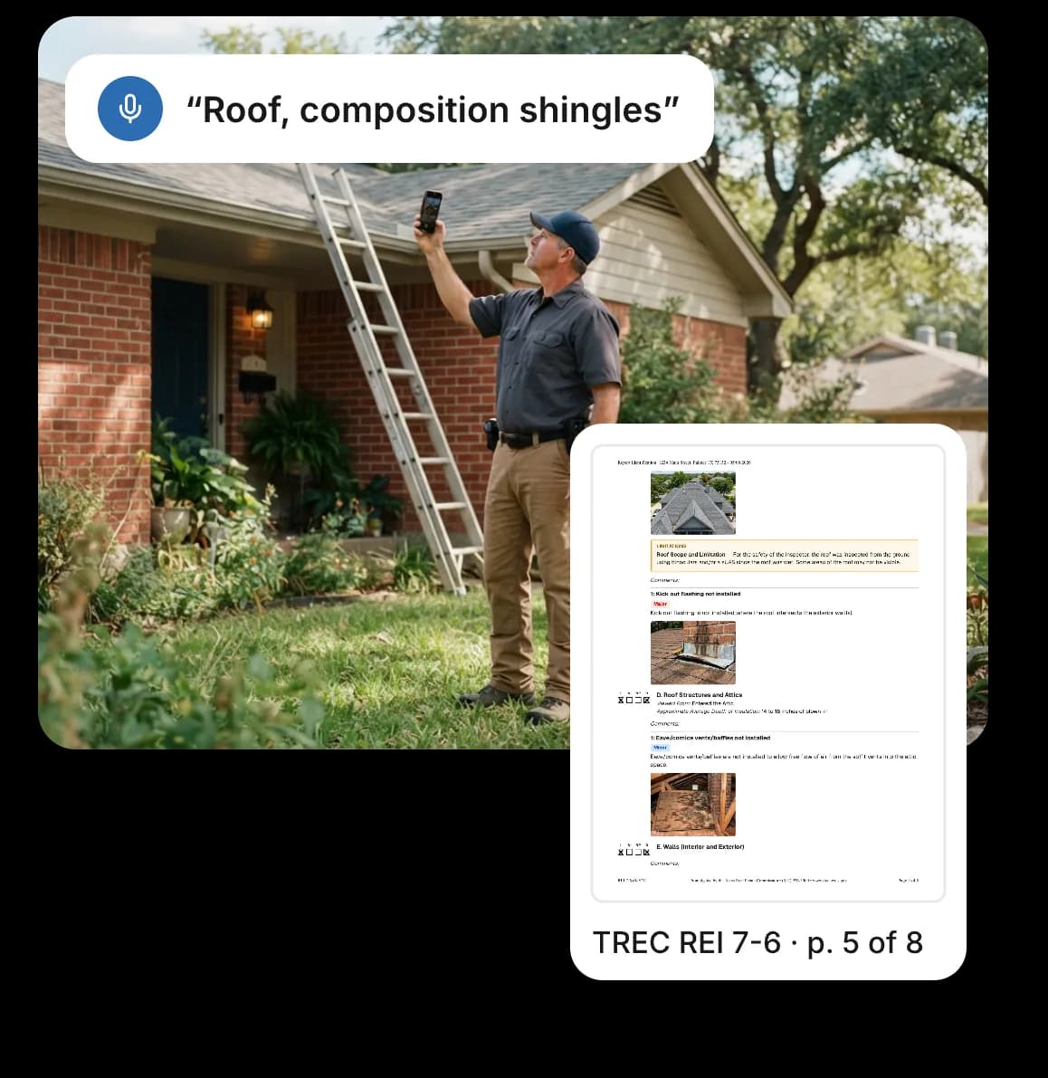 A home inspector photographing the roof of a Texas ranch house, next to a page of the TREC report