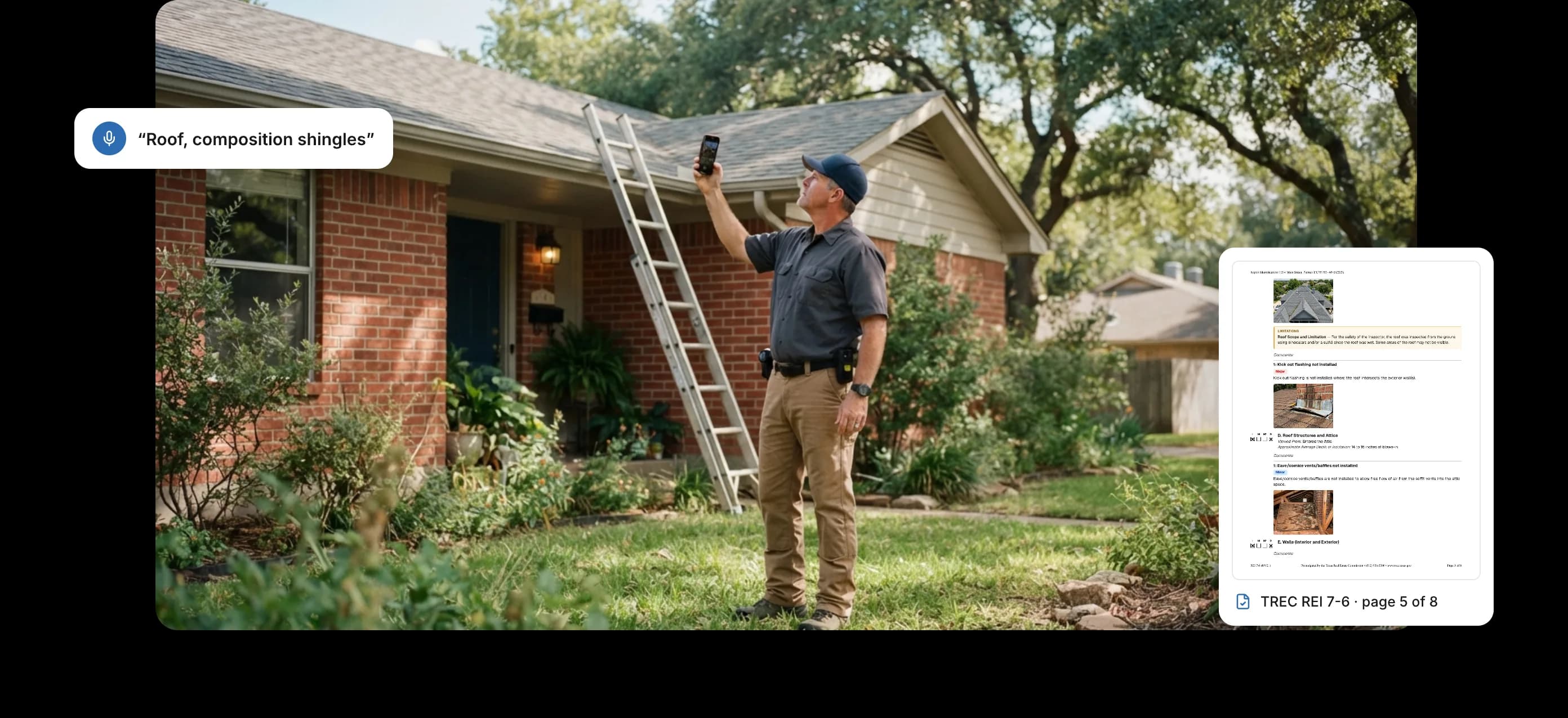 A home inspector photographing the roof of a Texas ranch house, next to a page of the TREC report